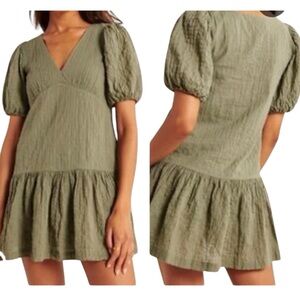 Abercrombie & Fitch Olive Green Puff Sleeve Trapeze Mini Dress